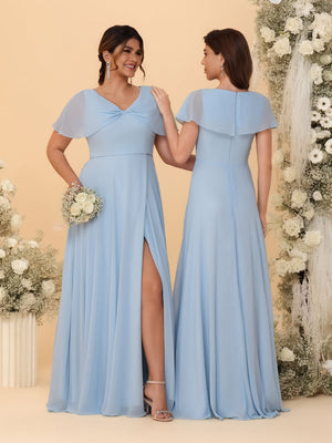 A-Line/Princess V-Neck Short Sleeves Long Chiffon Bridesmaid Dresses With Side Slit
