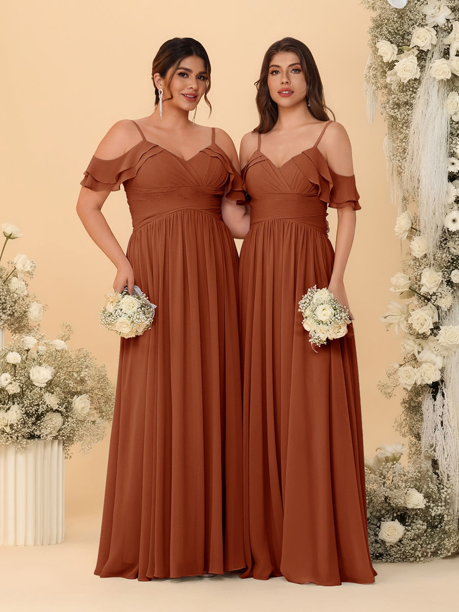 A-Line/Princess V-Neck Spaghetti Straps Chiffon Ruched Bridesmaid Dresses