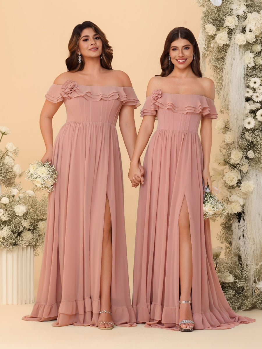 Chiffon A-Line/Princess Off-the-Shoulder Short Sleeves Ruched Bridesmaid Dresses