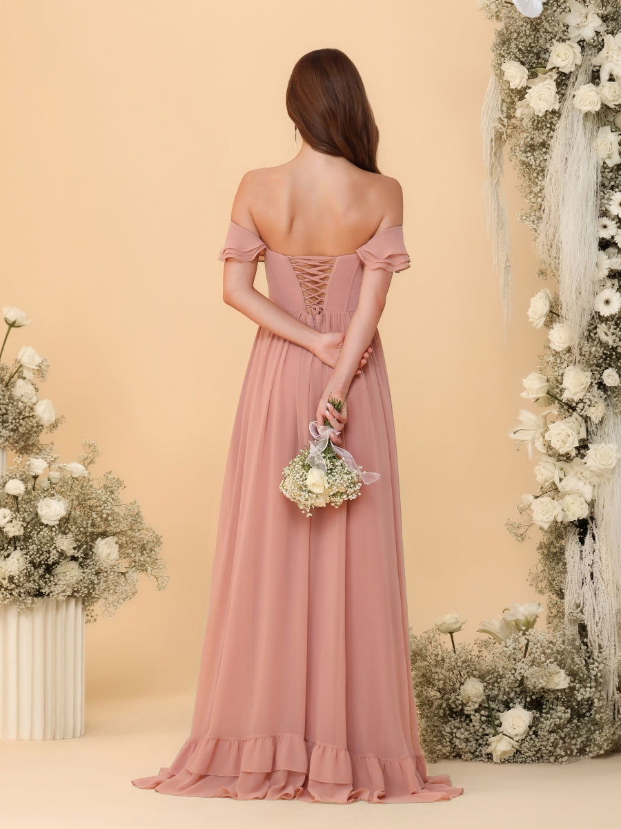 Chiffon A-Line/Princess Off-the-Shoulder Short Sleeves Ruched Bridesmaid Dresses