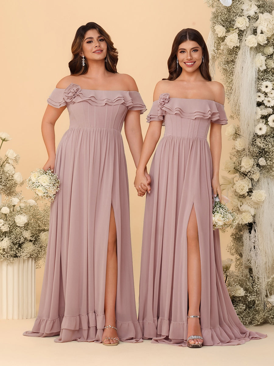 Chiffon A-Line/Princess Off-the-Shoulder Short Sleeves Ruched Bridesmaid Dresses
