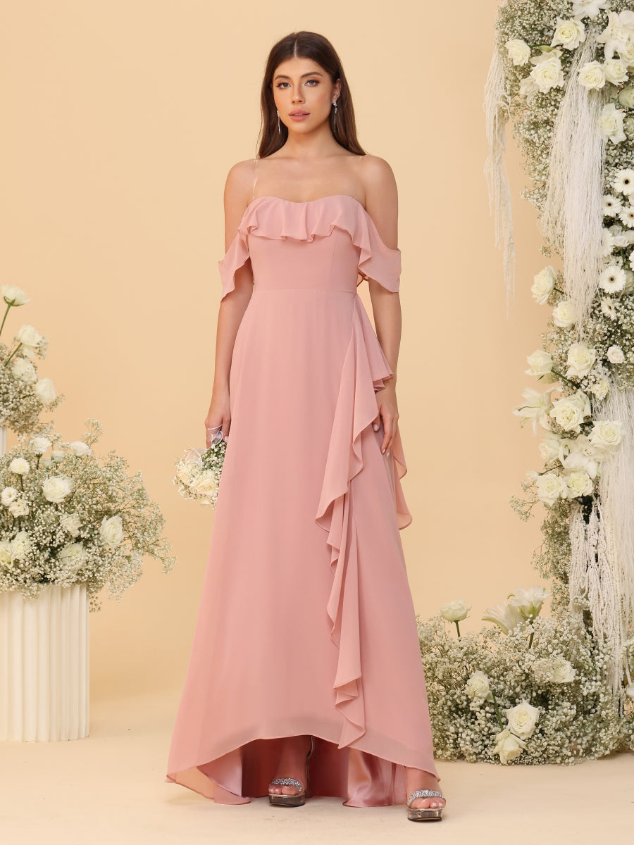 A-Line/Princess Off-the-Shoulder Spaghetti Straps Sleeveless Bridesmaid Dresses with Ruffles