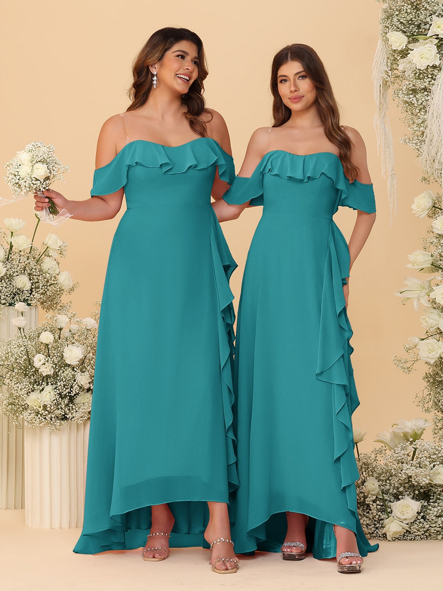 A-Line/Princess Off-the-Shoulder Spaghetti Straps Sleeveless Bridesmaid Dresses with Ruffles