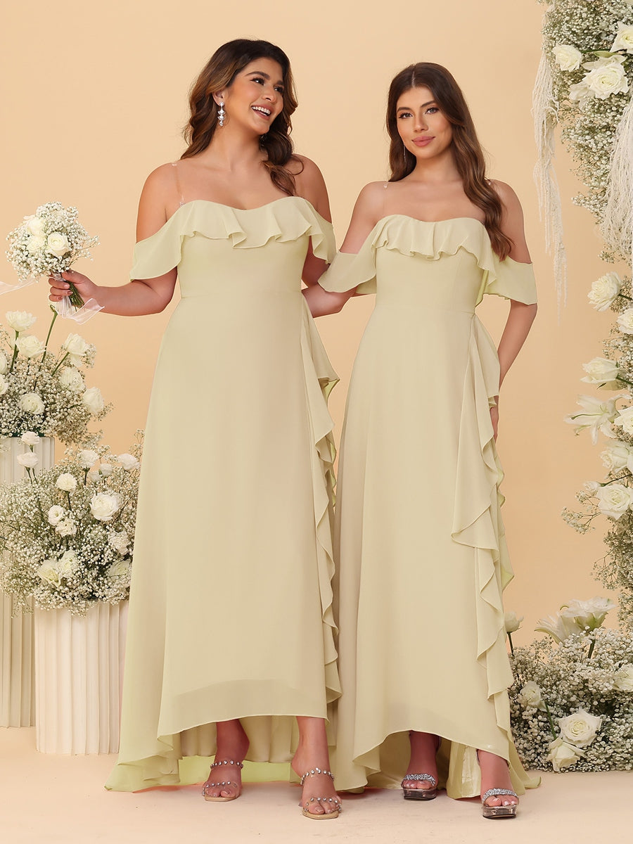 A-Line/Princess Off-the-Shoulder Spaghetti Straps Sleeveless Bridesmaid Dresses with Ruffles