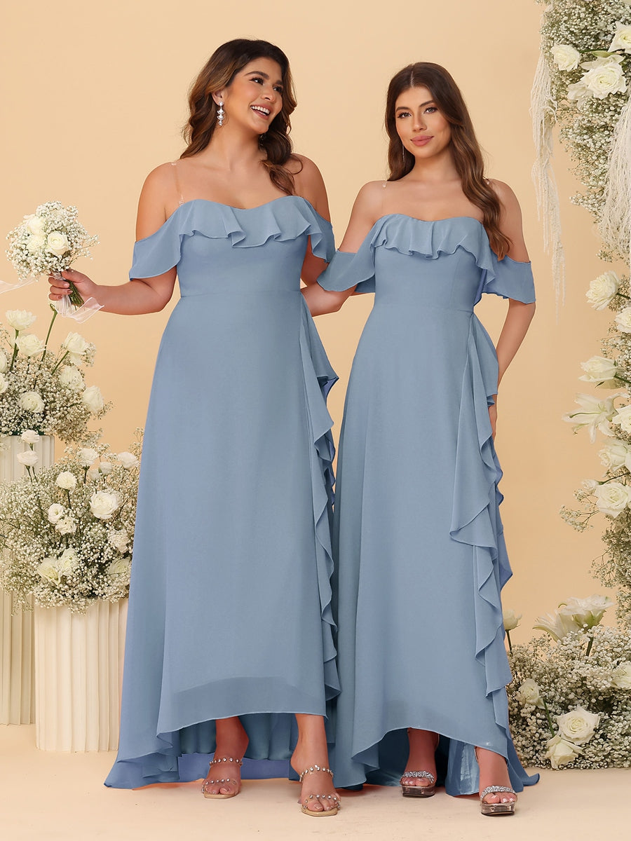 A-Line/Princess Off-the-Shoulder Spaghetti Straps Sleeveless Bridesmaid Dresses with Ruffles