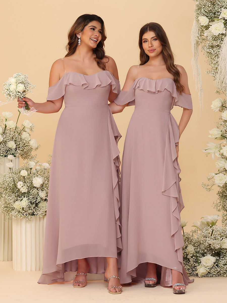 A-Line/Princess Off-the-Shoulder Spaghetti Straps Sleeveless Bridesmaid Dresses with Ruffles