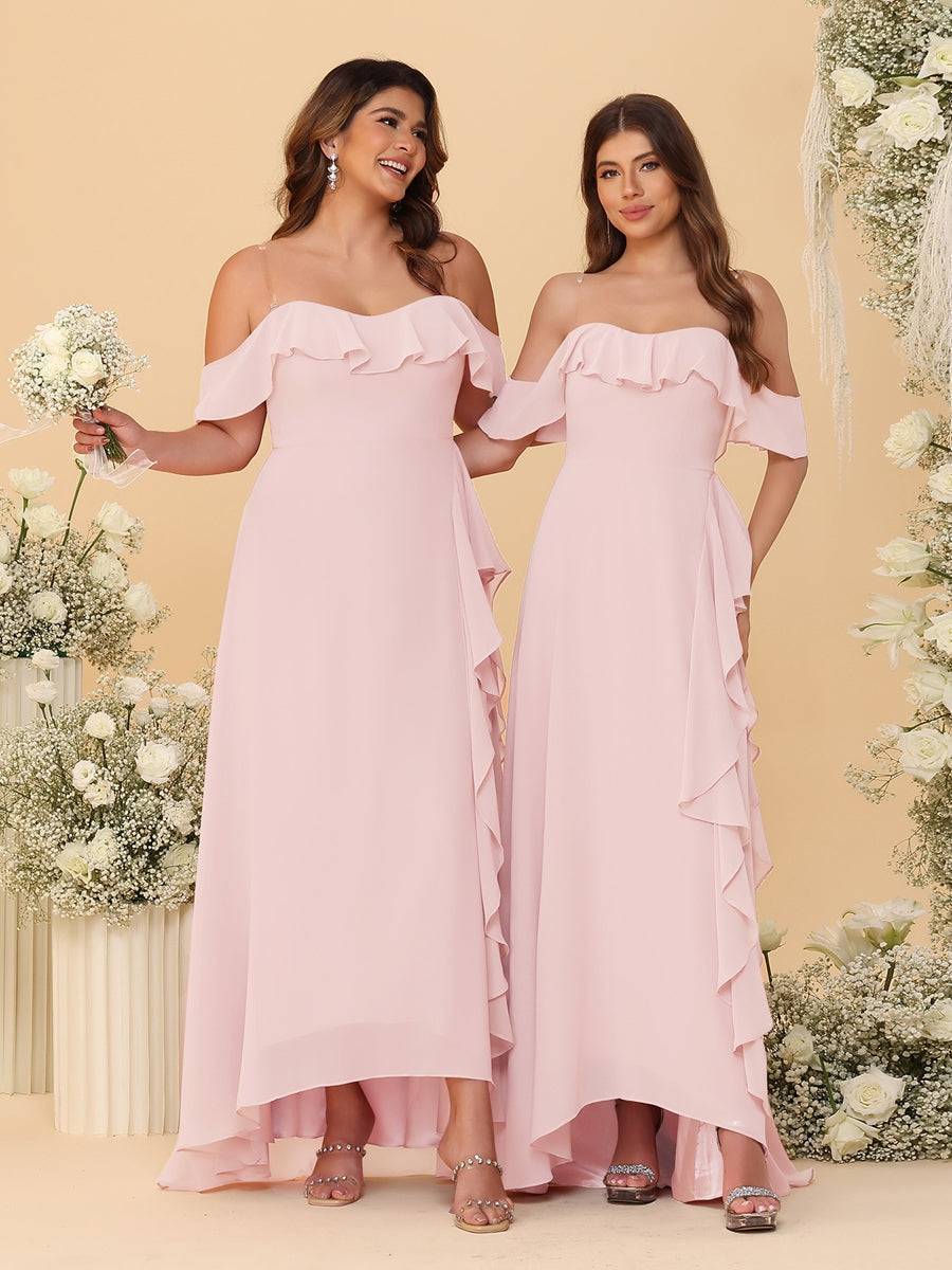 A-Line/Princess Off-the-Shoulder Spaghetti Straps Sleeveless Bridesmaid Dresses with Ruffles