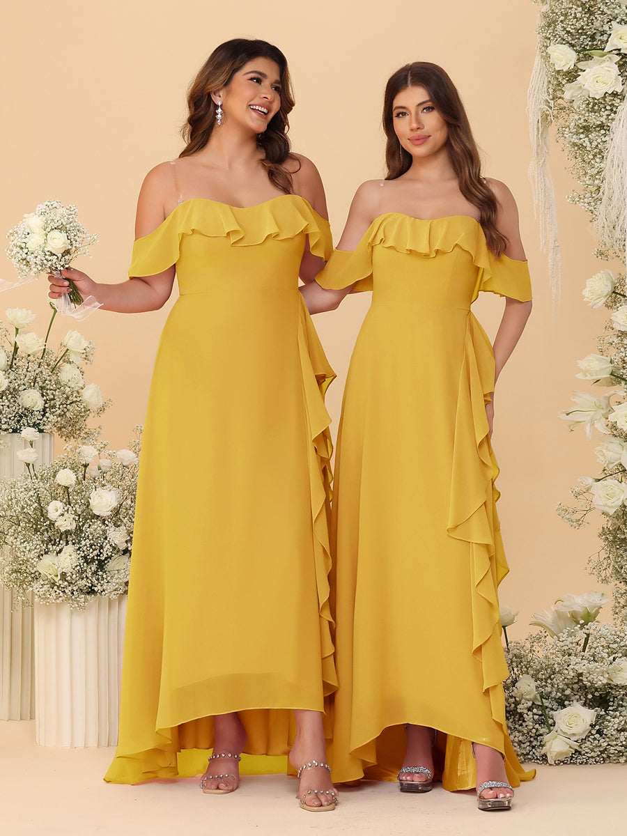 A-Line/Princess Off-the-Shoulder Spaghetti Straps Sleeveless Bridesmaid Dresses with Ruffles