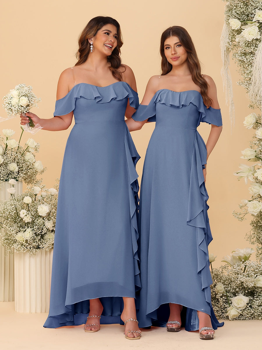 A-Line/Princess Off-the-Shoulder Spaghetti Straps Sleeveless Bridesmaid Dresses with Ruffles