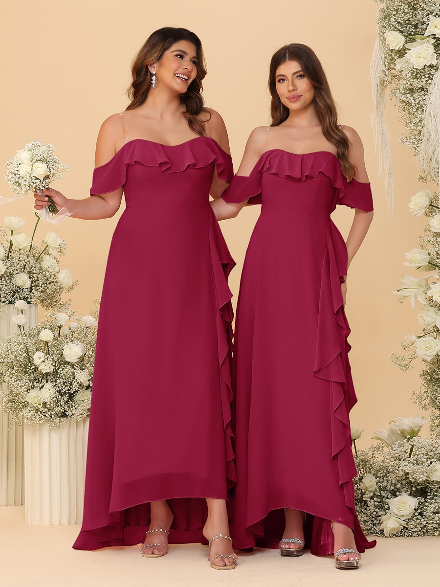 A-Line/Princess Off-the-Shoulder Spaghetti Straps Sleeveless Bridesmaid Dresses with Ruffles
