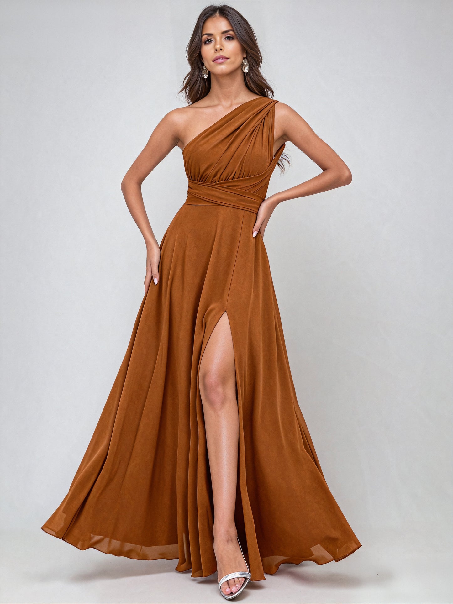 A-Line/Princess Halter One Shoulder V-Neck Floor-Length Chiffon Bridesmaid Dress