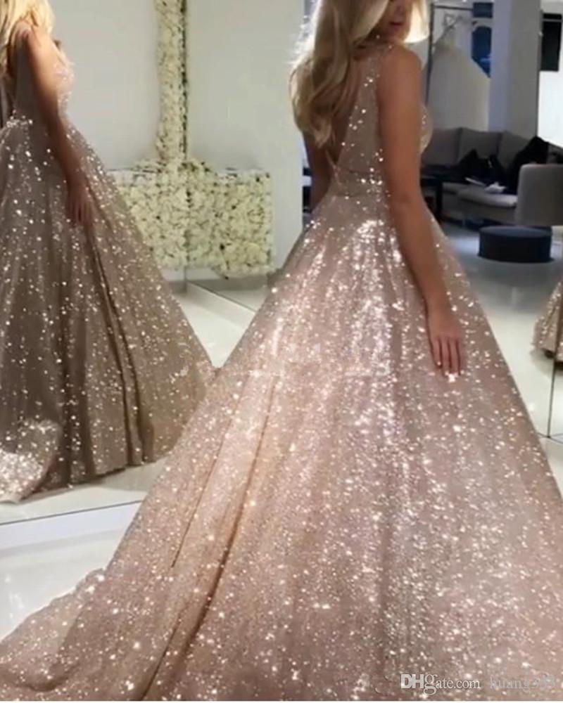 A-Line/Princess Prom Dress Wedding Party Sweep / Brush Train V-Neck Sleeveless Ball Gown Formal Dresses With Glitter