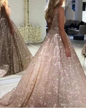 A-Line/Princess Evening Dress Wedding Party Sweep / Brush Train V-Neck Sleeveless Prom Ball Gown Formal Dresses With Glitter
