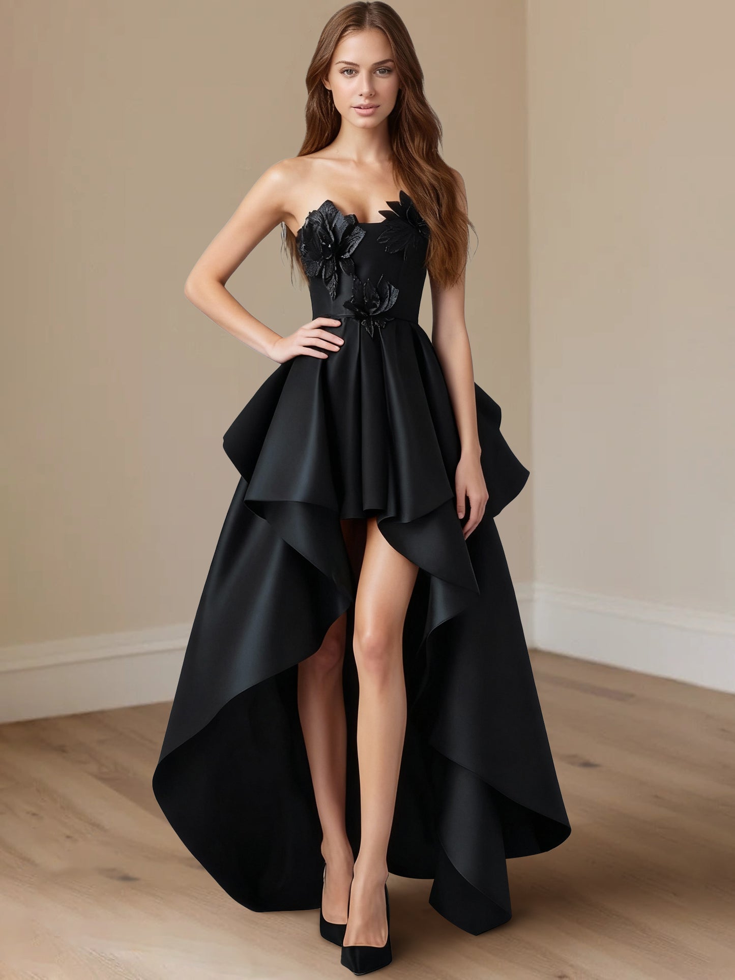 A-Line/Princess Stain  Evening/Formal Dress High-Low Strapless Sleeveless With 3D Flowers&Ruffles