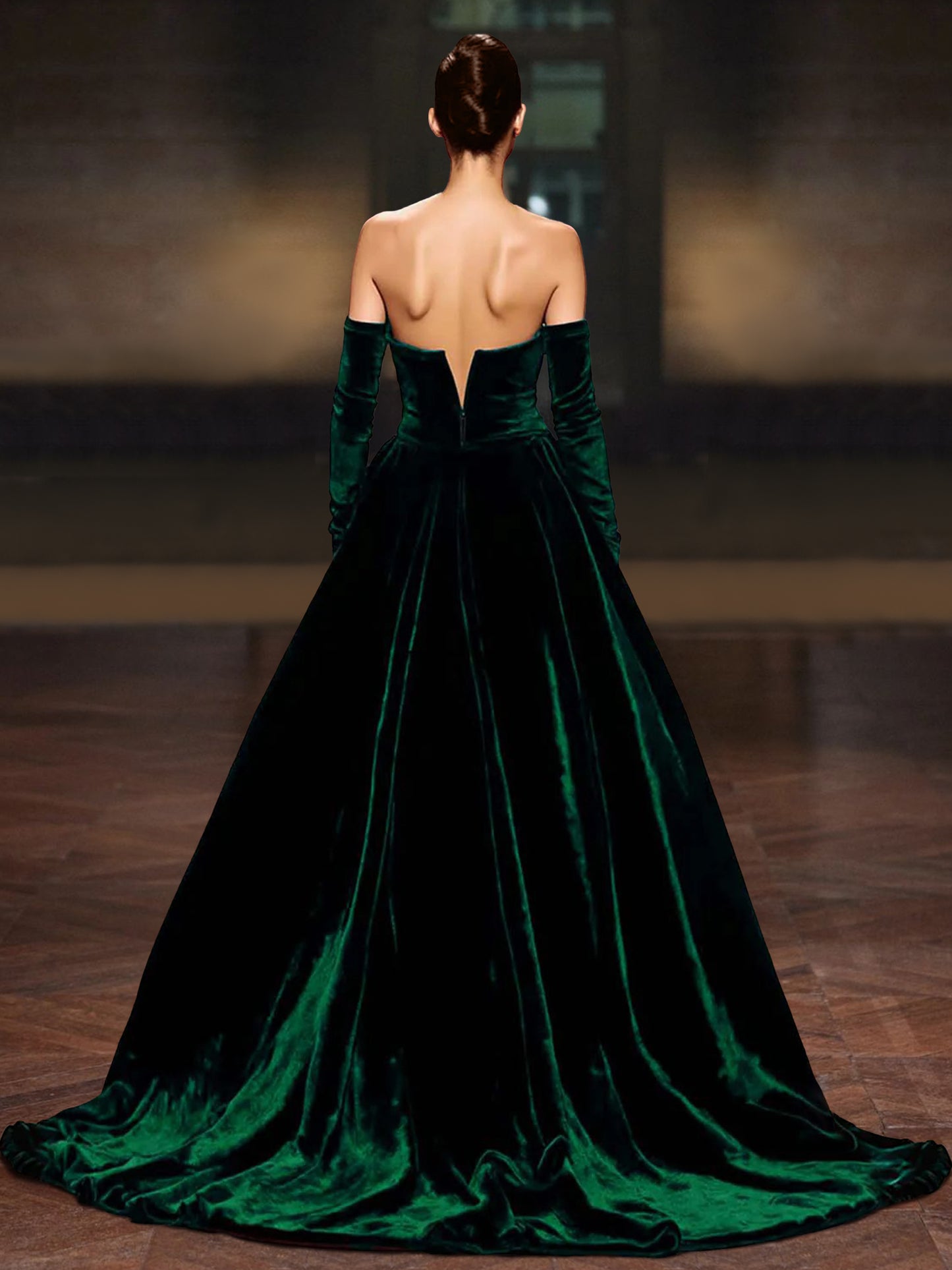 A-Line/Princess Velvet  Evening Gown  Sweep Train Sweetheart & Long Sleeves With Back Zipper