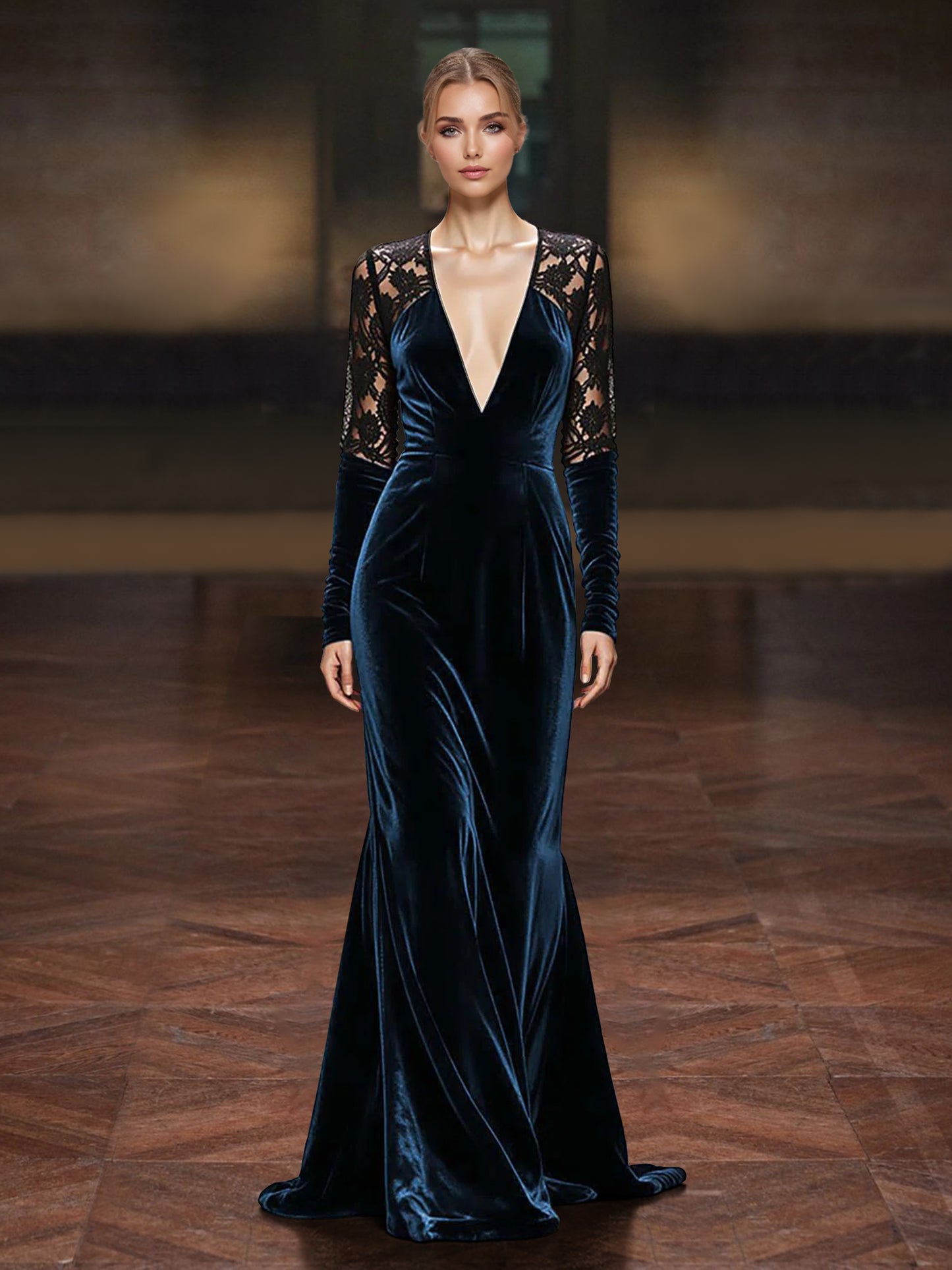 Sheath/Column Velvet Mother Of The Bride/Formal Dress Floor-Length V-Neck Lace Long Sleeves With Back Zipper