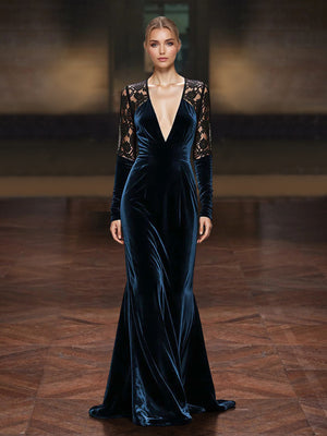 Sheath/Column Velvet Mother Of The Bride/Formal Dress Floor-Length V-Neck Lace Long Sleeves With Back Zipper
