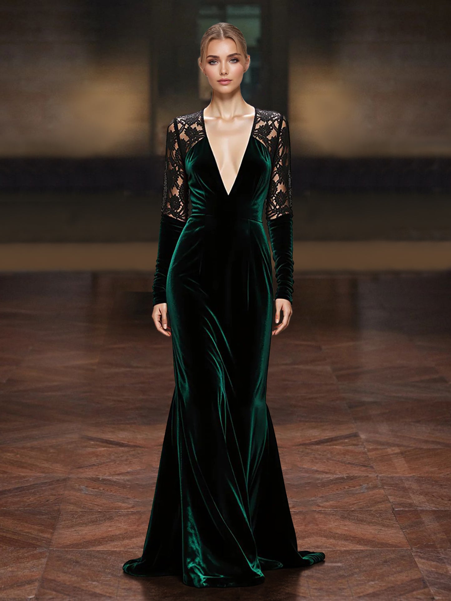 Sheath/Column Velvet Mother Of The Bride/Formal Dress Floor-Length V-Neck Lace Long Sleeves With Back Zipper