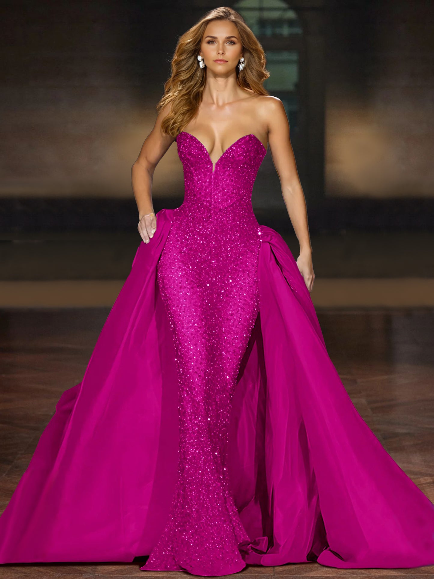 Sparkly  Ball Gown Sequin Evening Dress Sleeveless Floor-Length Strapless With Cape