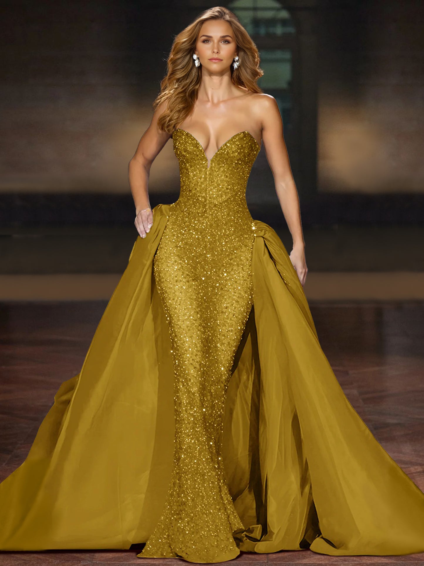 Sparkly  Ball Gown Sequin Evening Dress Sleeveless Floor-Length Strapless With Cape