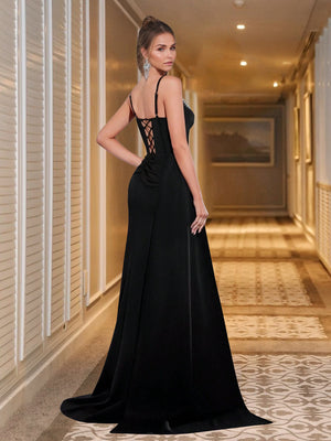 Sheath/Column Satin Evening/Formal Dress Floor-Length Spaghetti Straps With Sequins Sleeveless Side Split With Back Delicate Tie