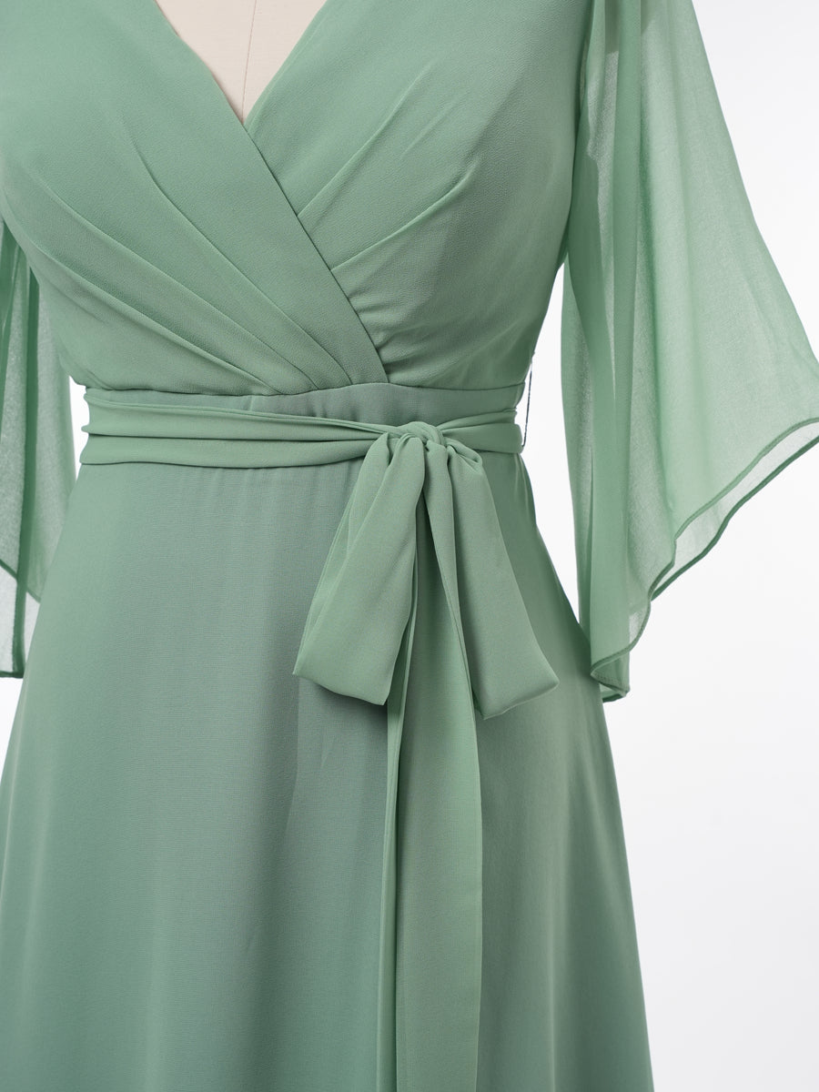 A-Line/Princess V-Neck 3/4 Sleeves Bridesmaid Dresses with Belt