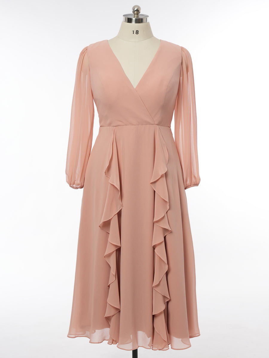 2026 Dusty Rose Bridesmaid Dresses Women's A-Line V-Neck Long Sleeves Tea-Length Chiffon Formal Evening Gowns with Ruffles