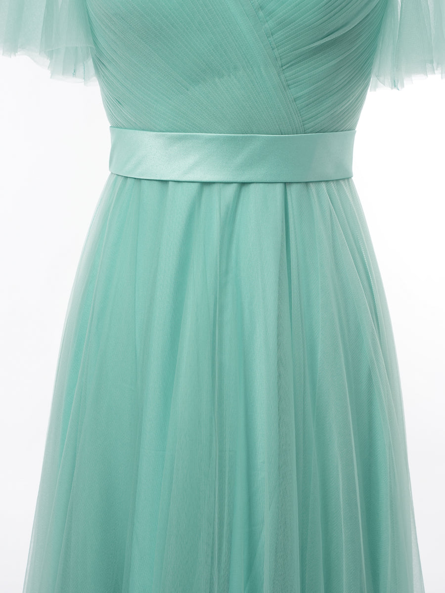 A-Line/Princess V-Neck Short Sleeves Bridesmaid Dresses with Ruched