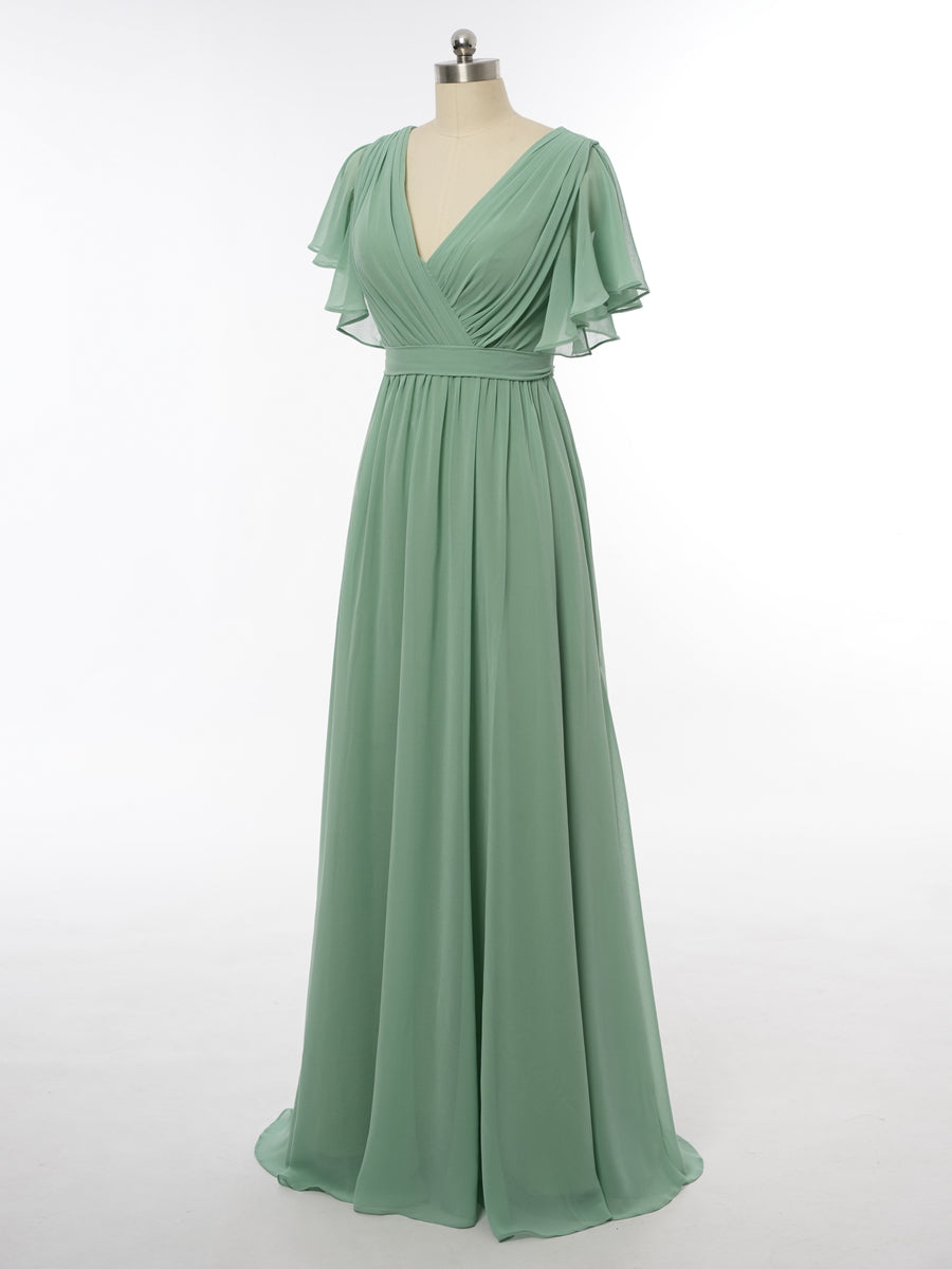 A-Line/Princess V-Neck Short Sleeves Bridesmaid Dresses with Belt