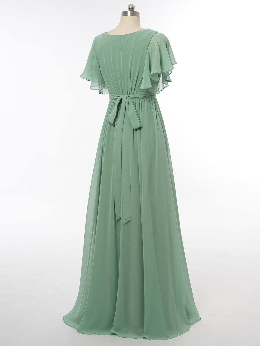 A-Line/Princess V-Neck Short Sleeves Bridesmaid Dresses with Belt