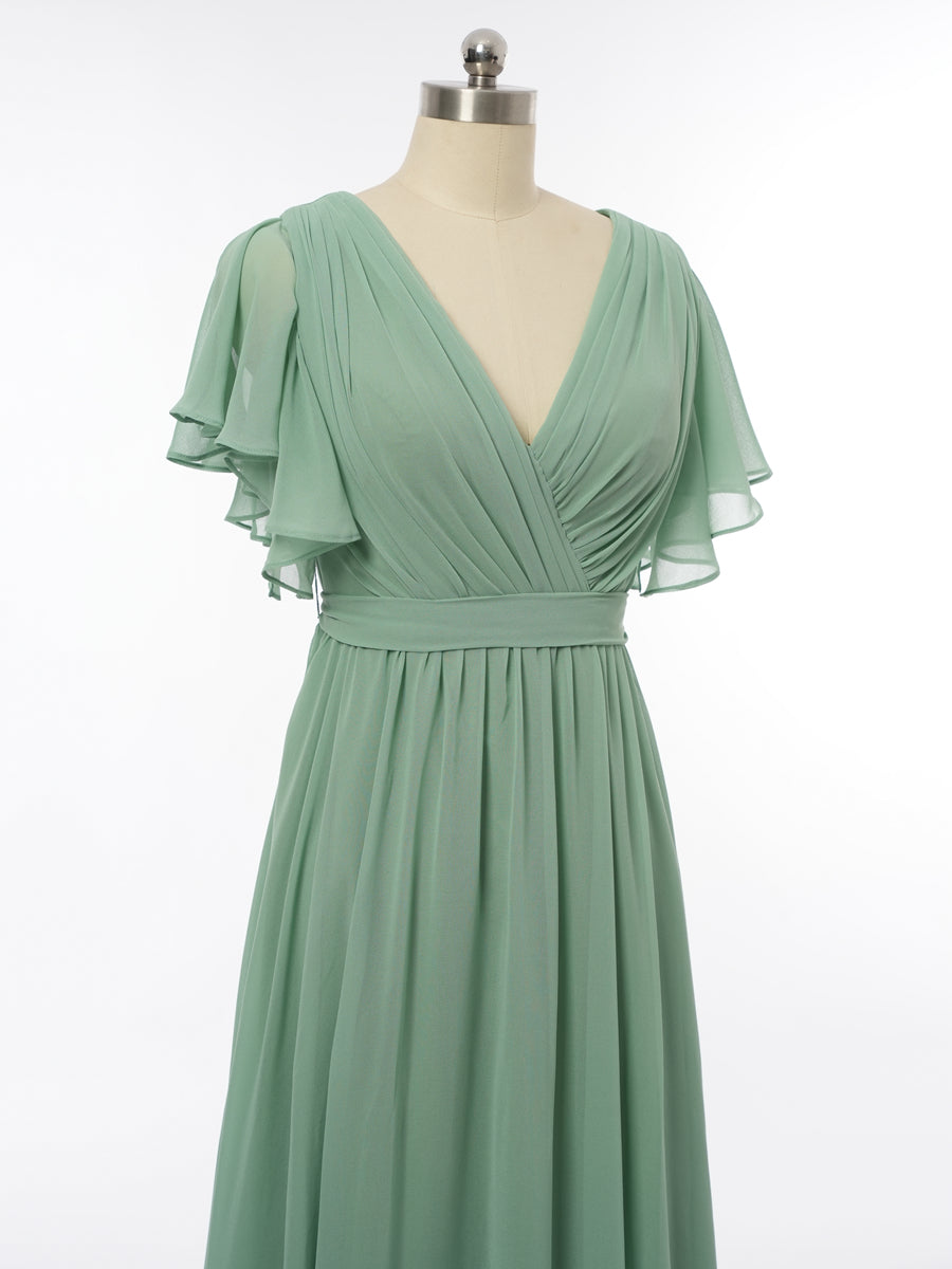 A-Line/Princess V-Neck Short Sleeves Bridesmaid Dresses with Belt