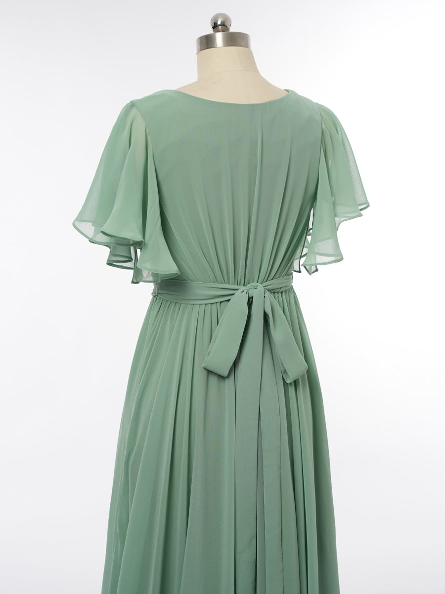 A-Line/Princess V-Neck Short Sleeves Bridesmaid Dresses with Belt