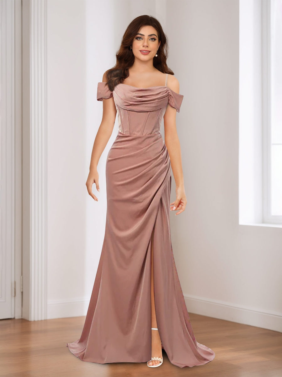 Sheath/Column Spaghetti Straps Short Sleeves Evening Dresses with Split Side