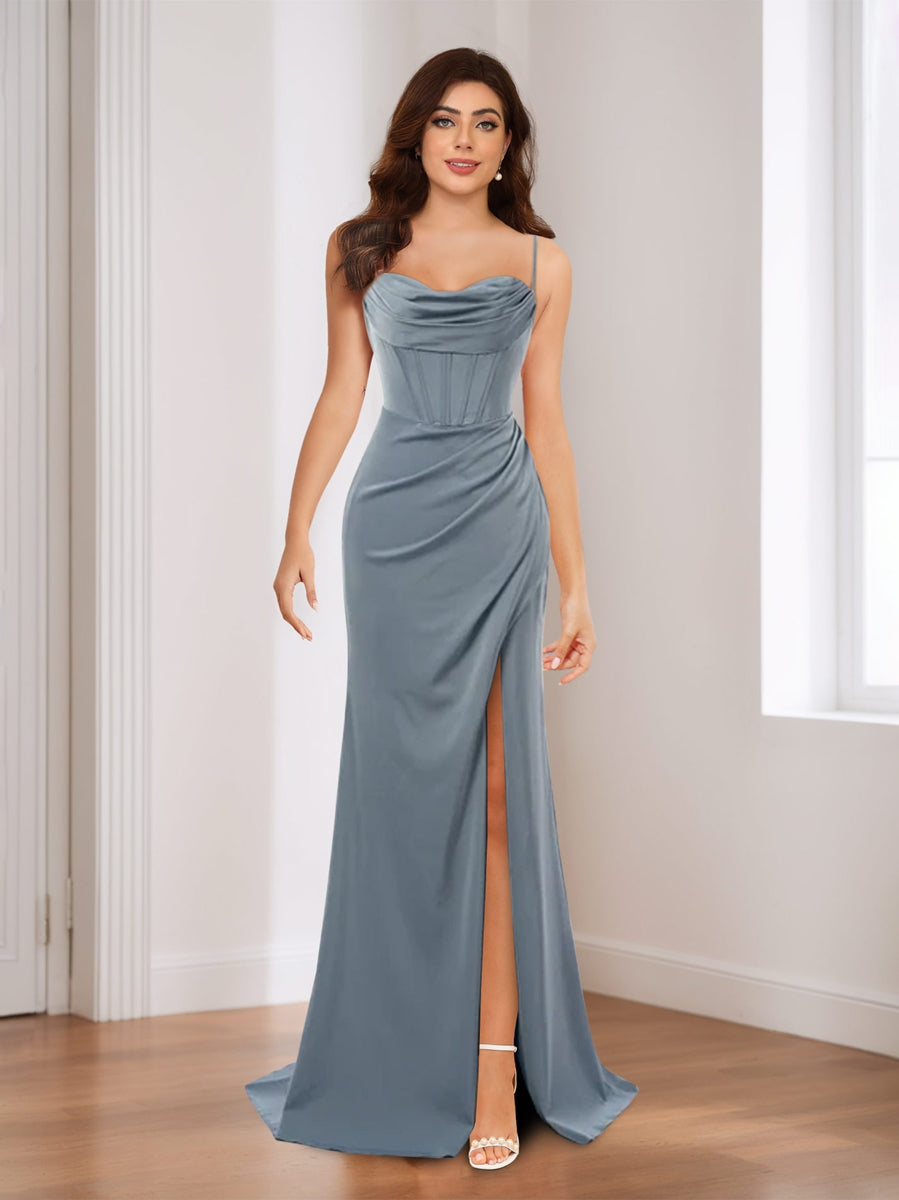 Sheath/Column Spaghetti Straps Sleeveless Evening Dresses with Ruched