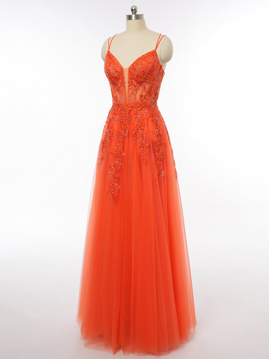 A-Line/Princess Plunging V-Neck Sleeveless Evening Dresses with Applique