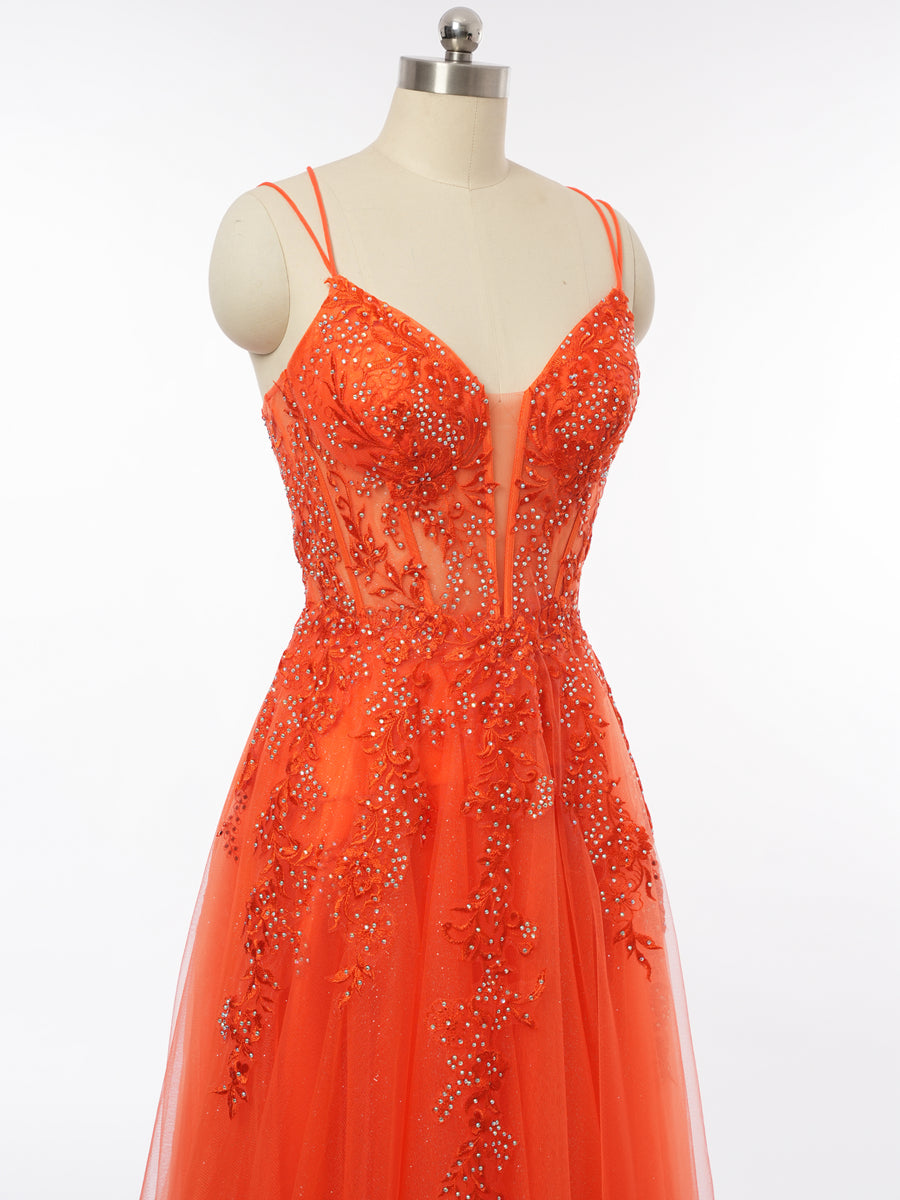 A-Line/Princess Plunging V-Neck Sleeveless Evening Dresses with Applique