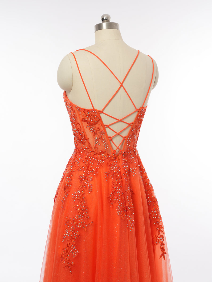 A-Line/Princess Plunging V-Neck Sleeveless Evening Dresses with Applique