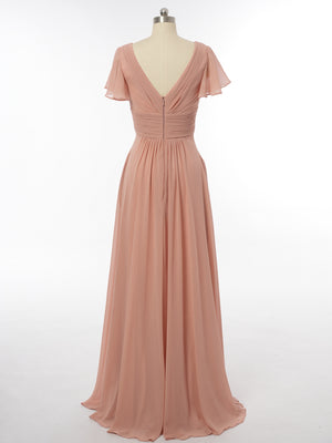 A-Line/Princess V-Neck Short Sleeves Bridesmaid Dresses with Ruffles