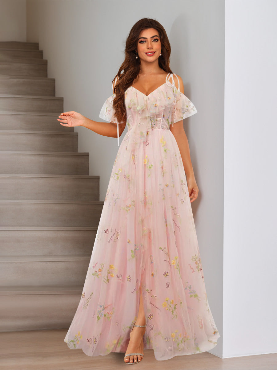 A-Line/Princess Spaghetti Straps Short Sleeves Evening Dresses with Applique