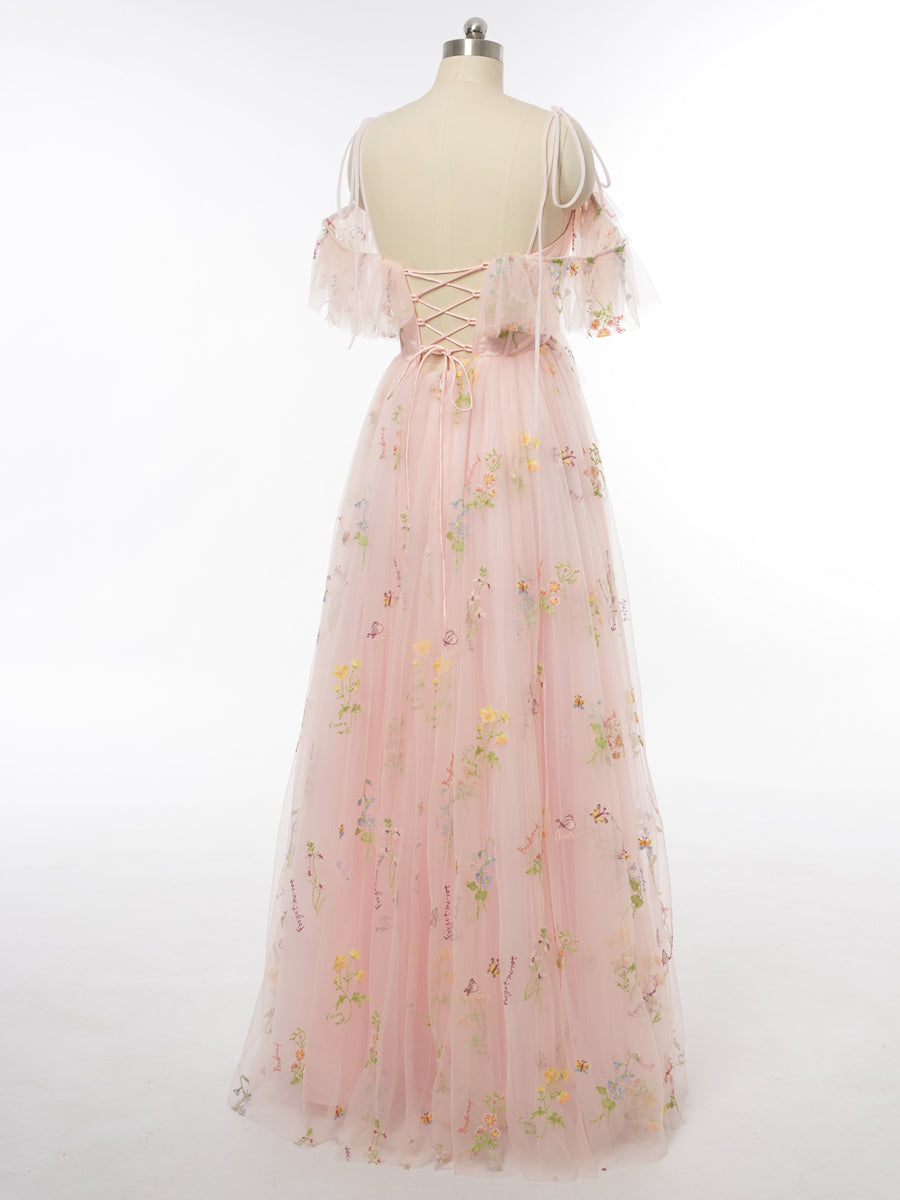 A-Line/Princess Spaghetti Straps Short Sleeves Evening Dresses with Applique