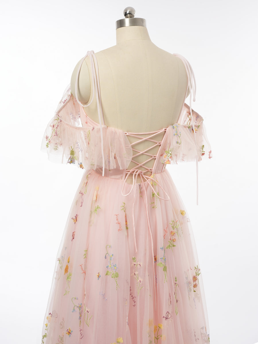 A-Line/Princess Spaghetti Straps Short Sleeves Evening Dresses with Applique