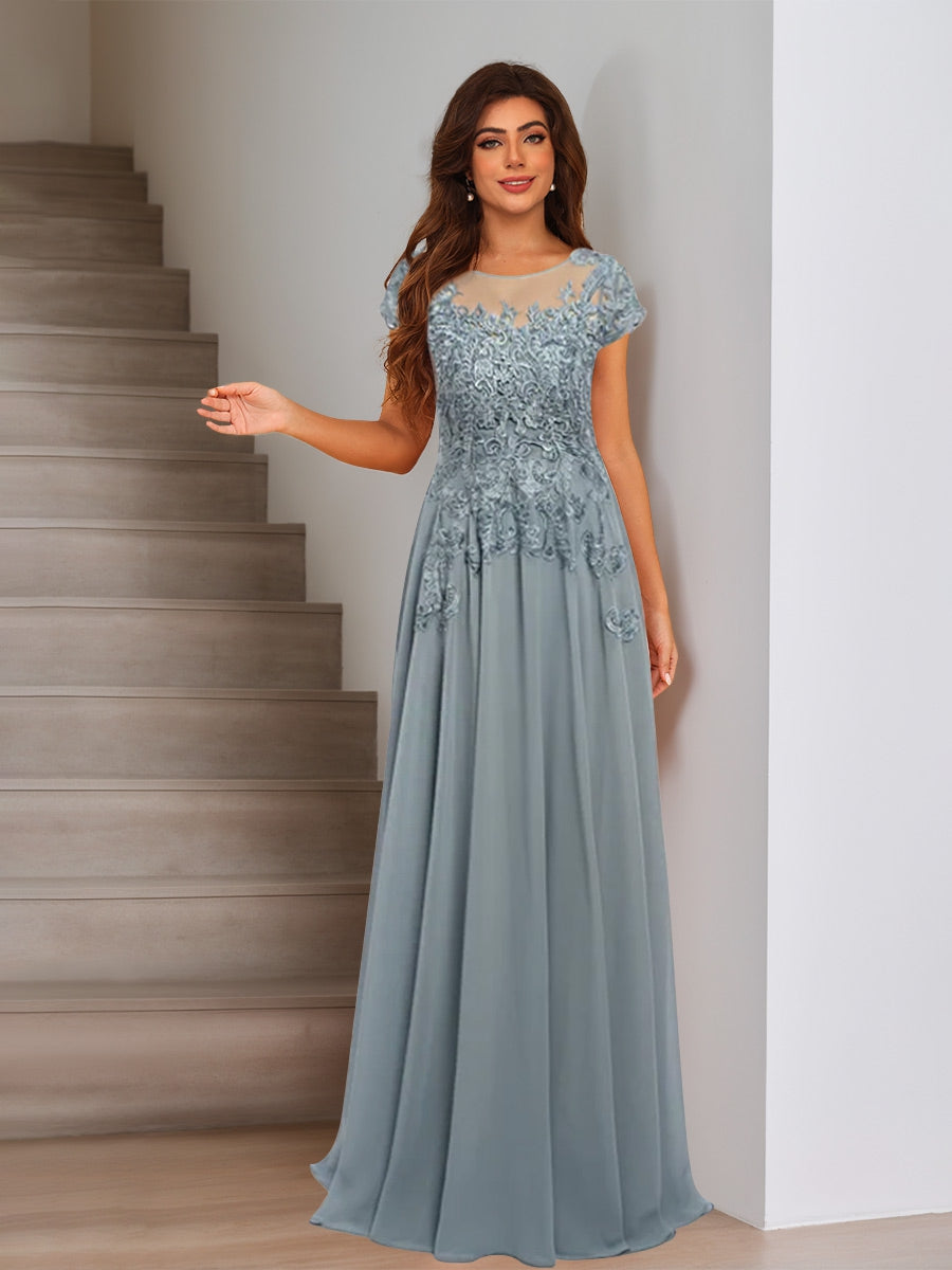 A-Line/Princess Scoop Short Sleeves Evening Dresses with Applique