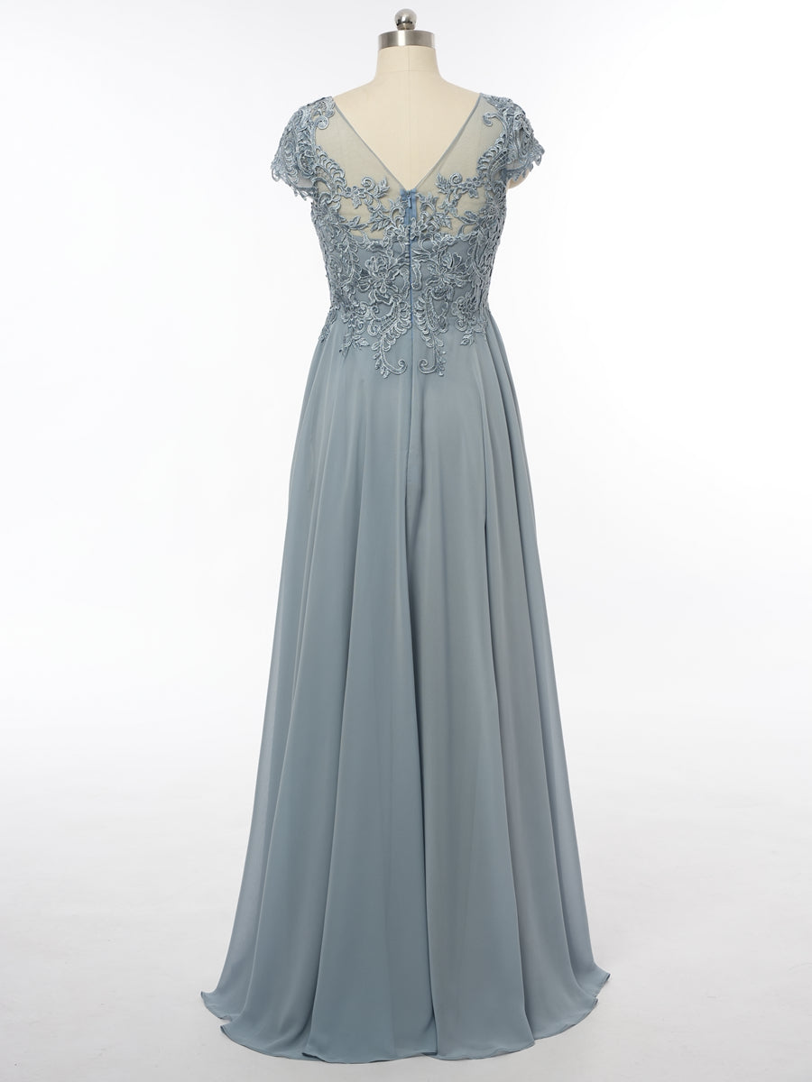 A-Line/Princess Scoop Short Sleeves Evening Dresses with Applique