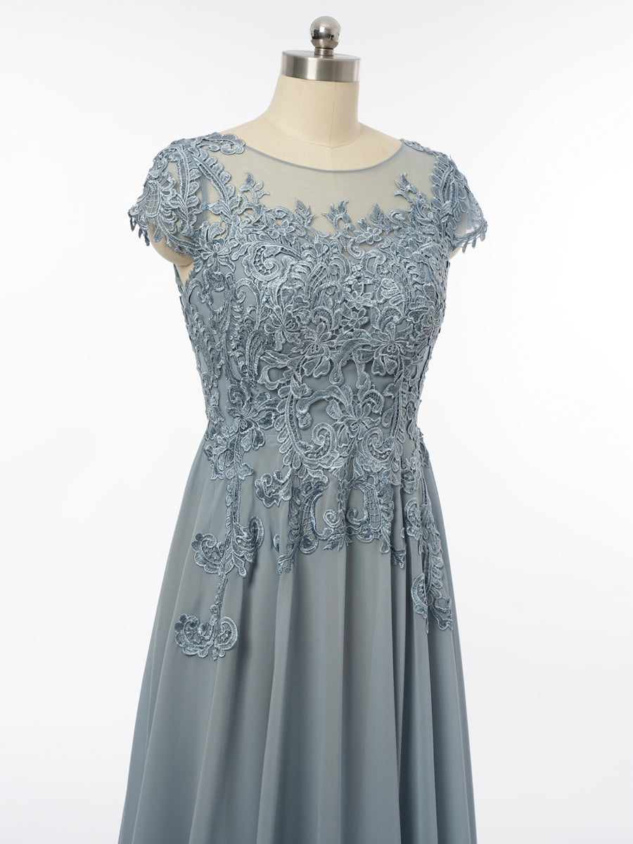 A-Line/Princess Scoop Short Sleeves Evening Dresses with Applique