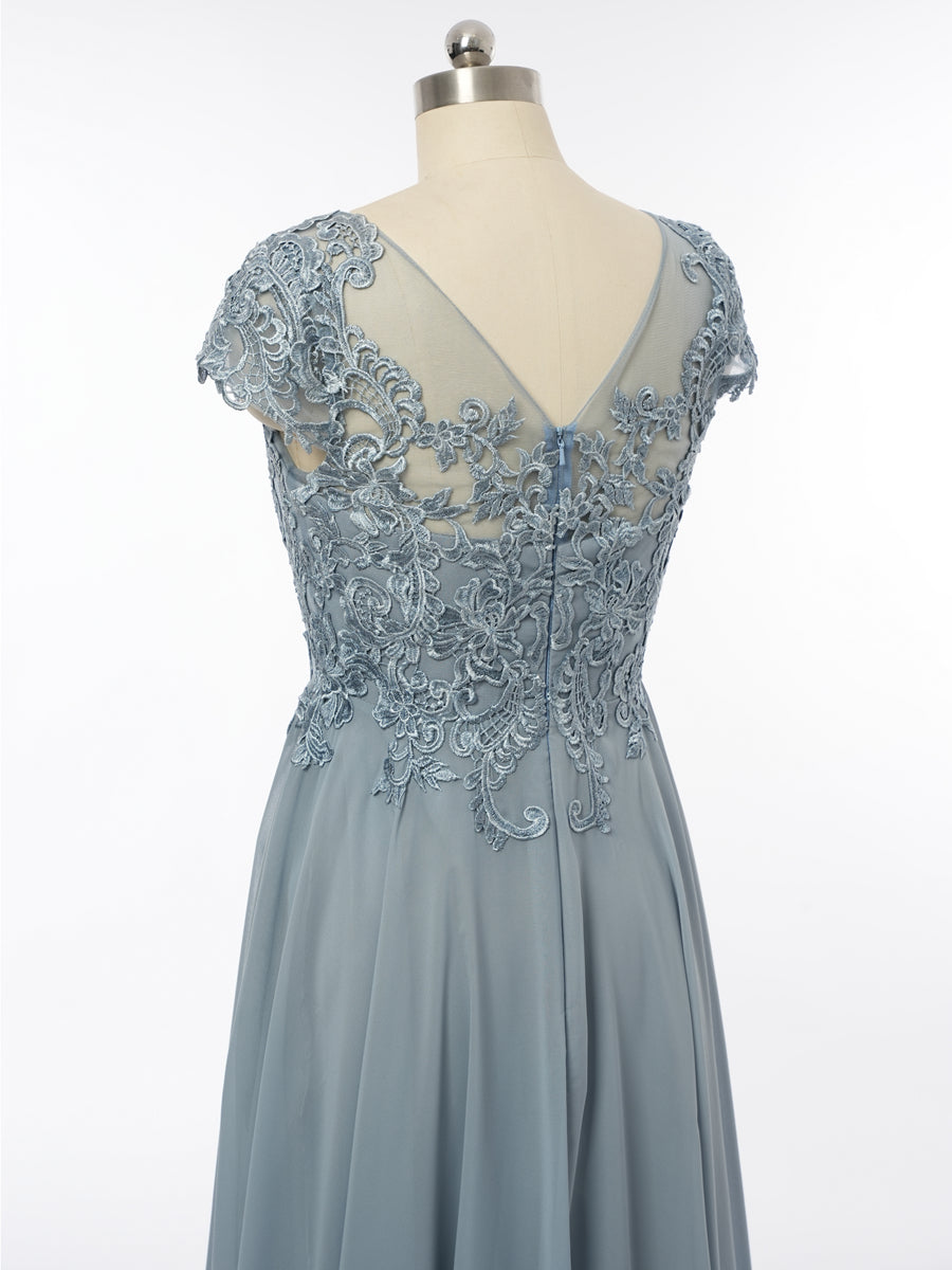 A-Line/Princess Scoop Short Sleeves Evening Dresses with Applique