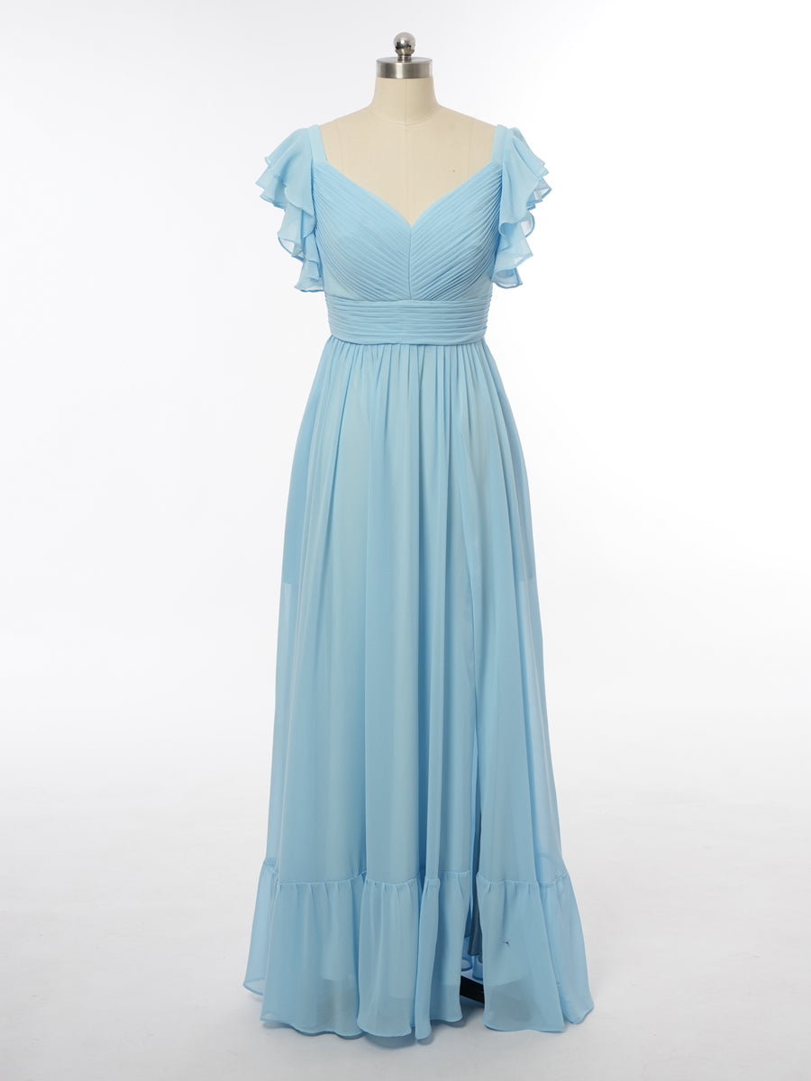 A-Line/Princess V-Neck Short Sleeves Bridesmaid Dresses with Ruffles