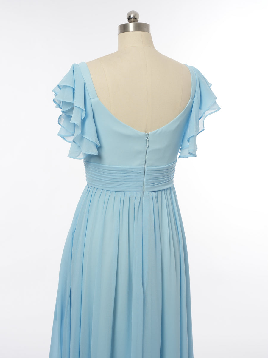 A-Line/Princess V-Neck Short Sleeves Bridesmaid Dresses with Ruffles