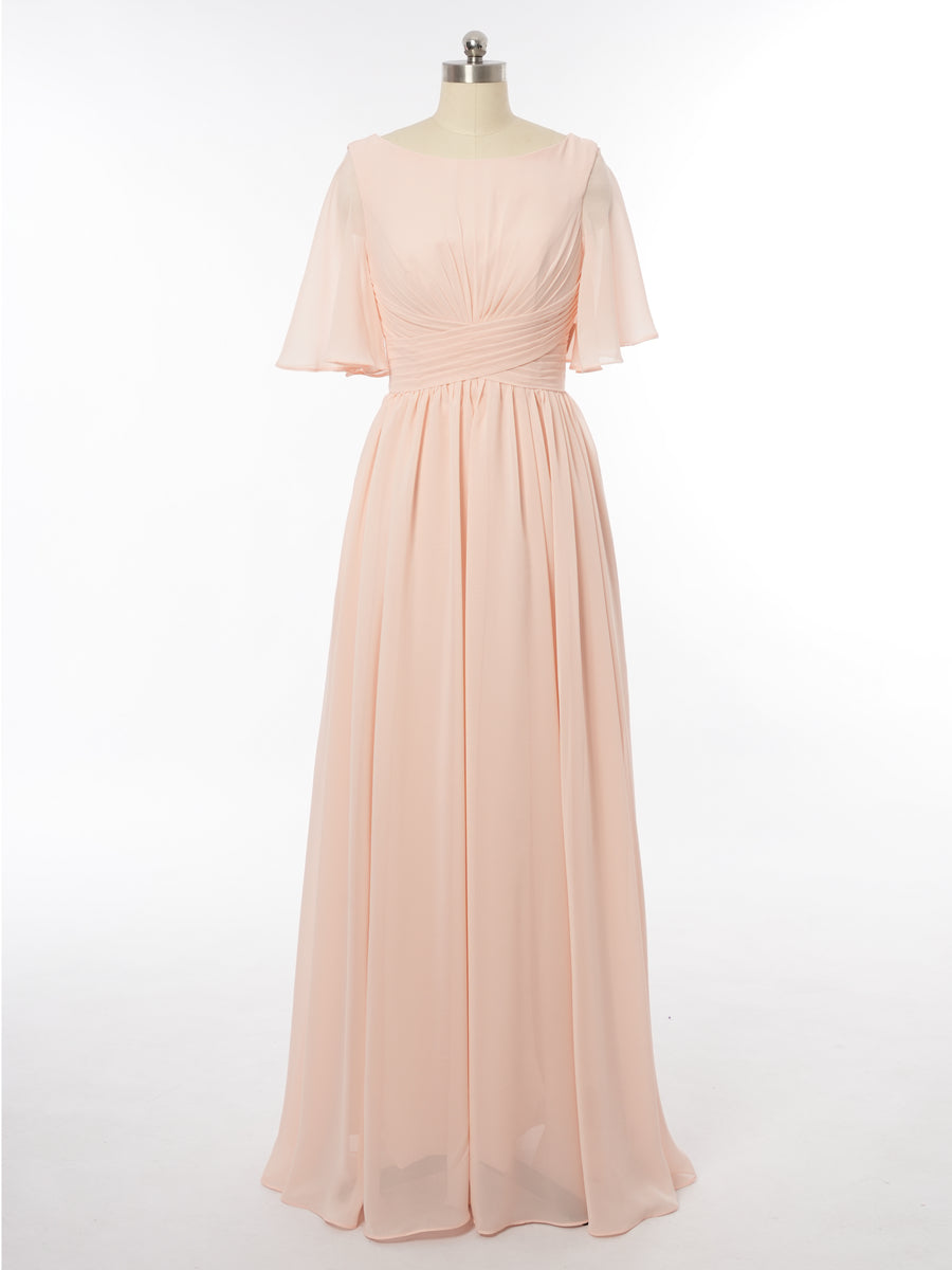 A-Line/Princess Scoop Short Sleeves Bridesmaid Dresses with Ruched