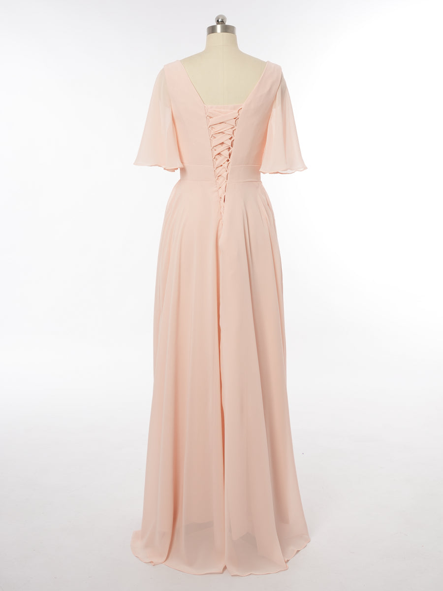 A-Line/Princess Scoop Short Sleeves Bridesmaid Dresses with Ruched