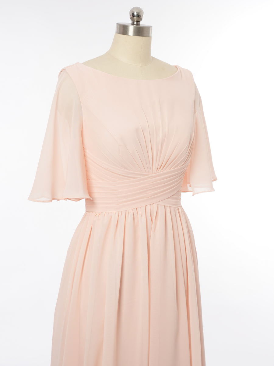 A-Line/Princess Scoop Short Sleeves Bridesmaid Dresses with Ruched